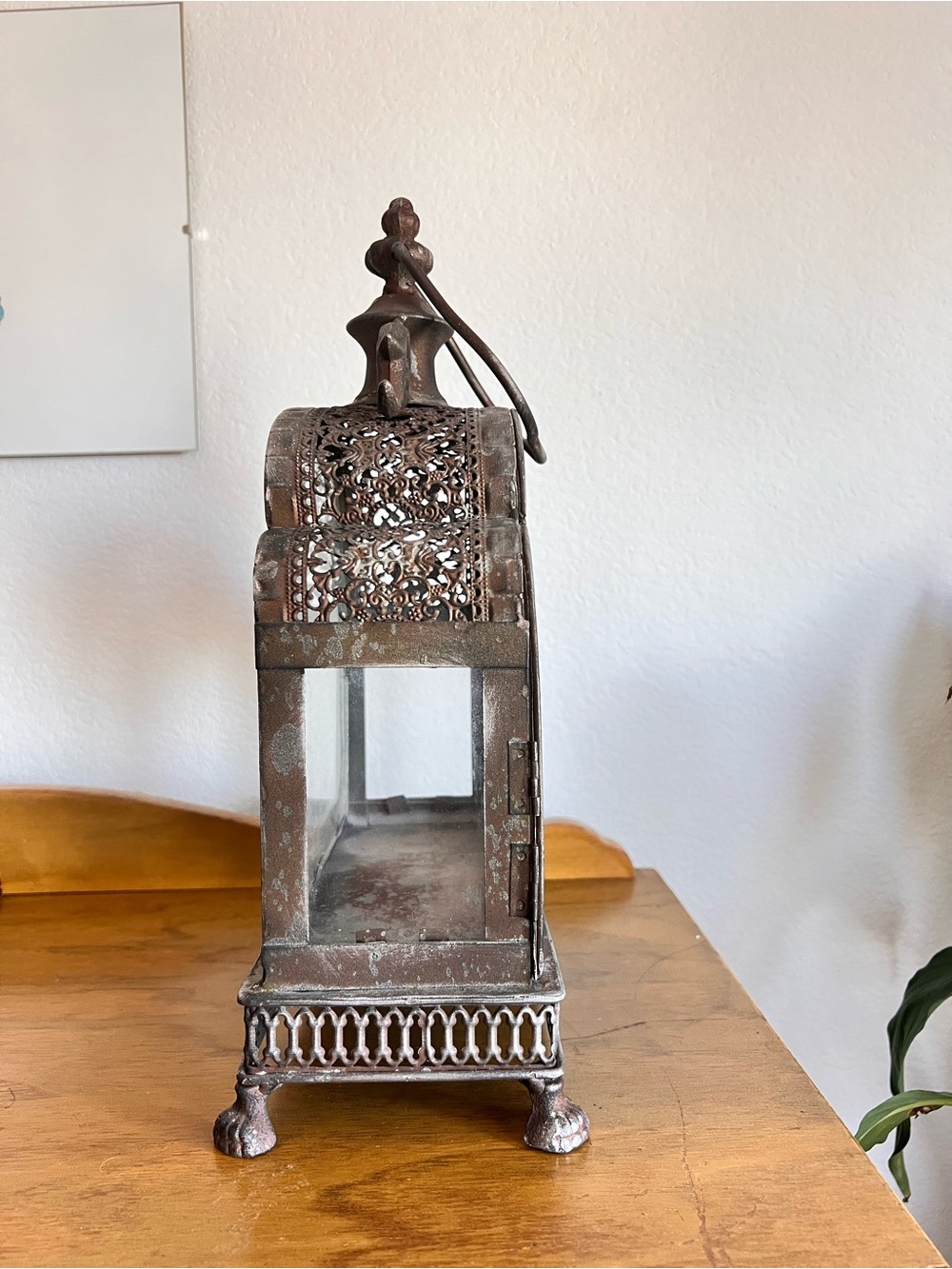 Moroccan Style Metal Lantern Candle Holder 14” Tall Ornate Glass Panel Lantern - Picture 5 of 8
